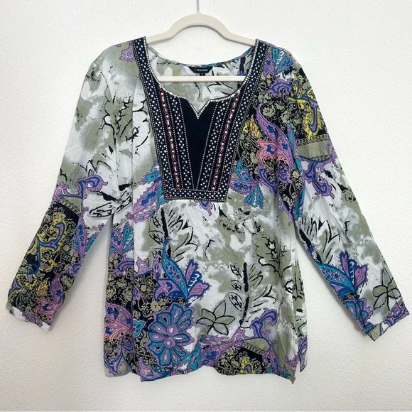 J. Peterman Embroidered Beaded Blouse Top Tunic Boho Festival Resort Size Medium - Picture 2 of 15